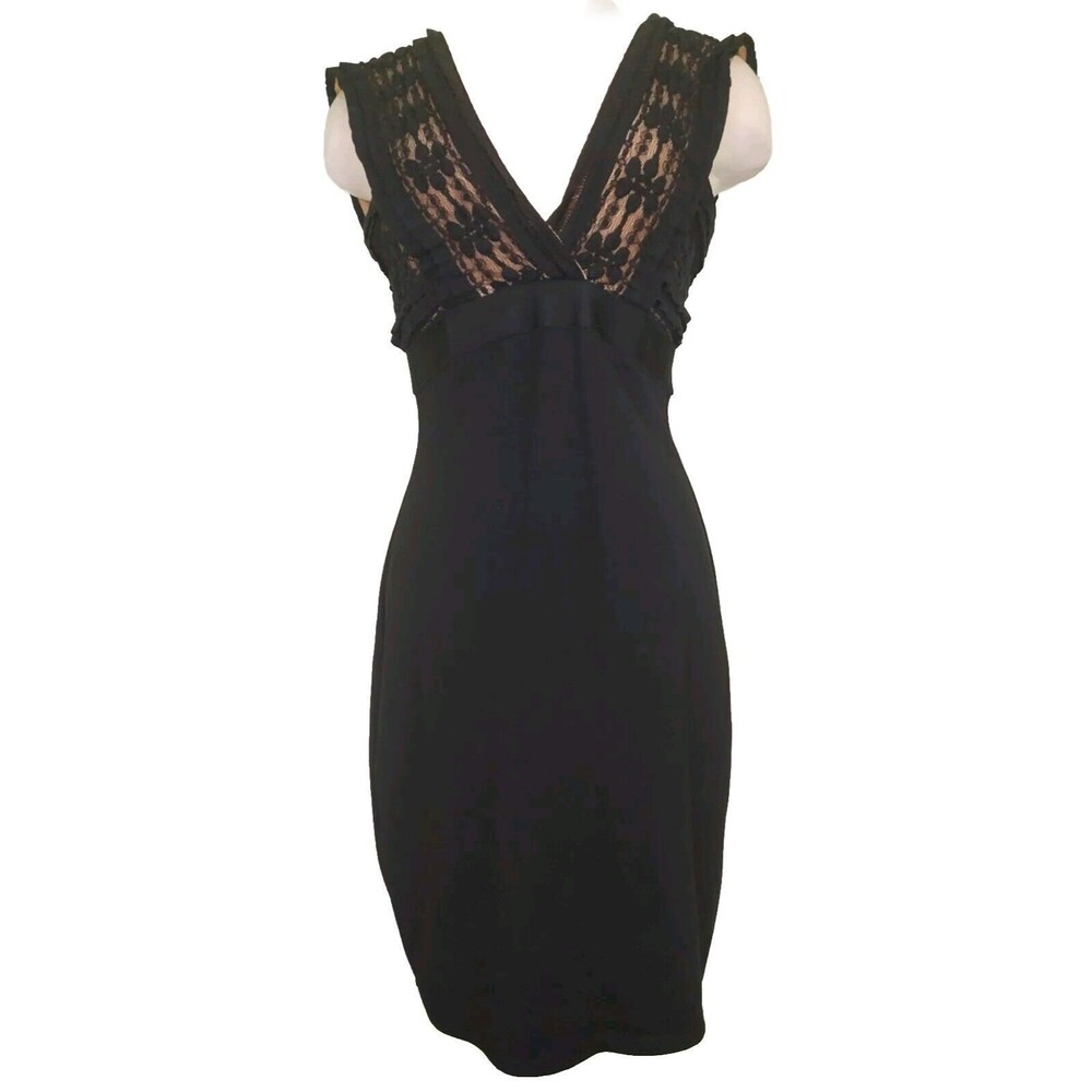 MAX STUDIO Womens Little Black Dress M Sheath Bodycon Sleeveless V-Neck Ruffles - Picture 1 of 13
